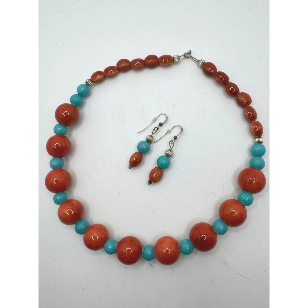 Southwestern Beaded Necklace and Earring Set Orange Turquoise Statement 18in
